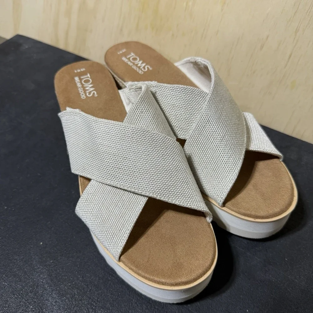 TOMS Platform Slide Sandals Women's US 9 Ivory Canvas Espadrille Comfort Casual